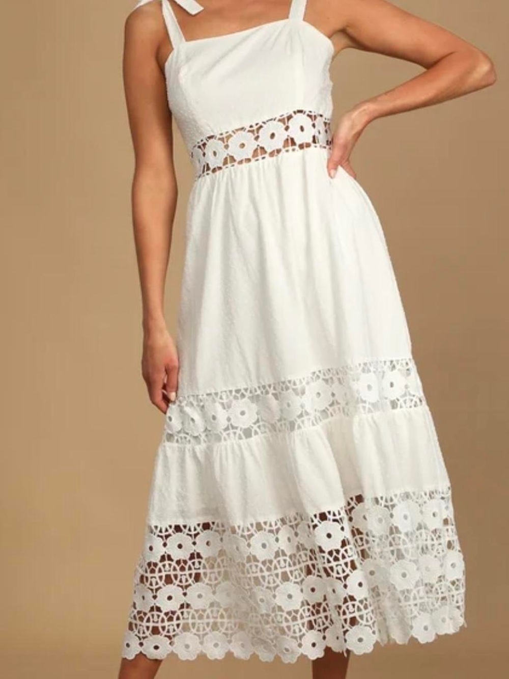 Lulu's White Eyelet Crochet-Panel Midi Dress